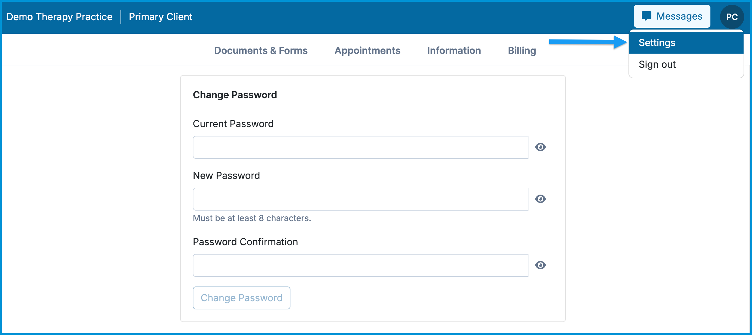 Client portal Settings dropdown with Change Password form showing current, new, and confirmation fields.