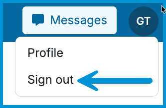 Account dropdown menu with Sign out option selected under practitioner initials.