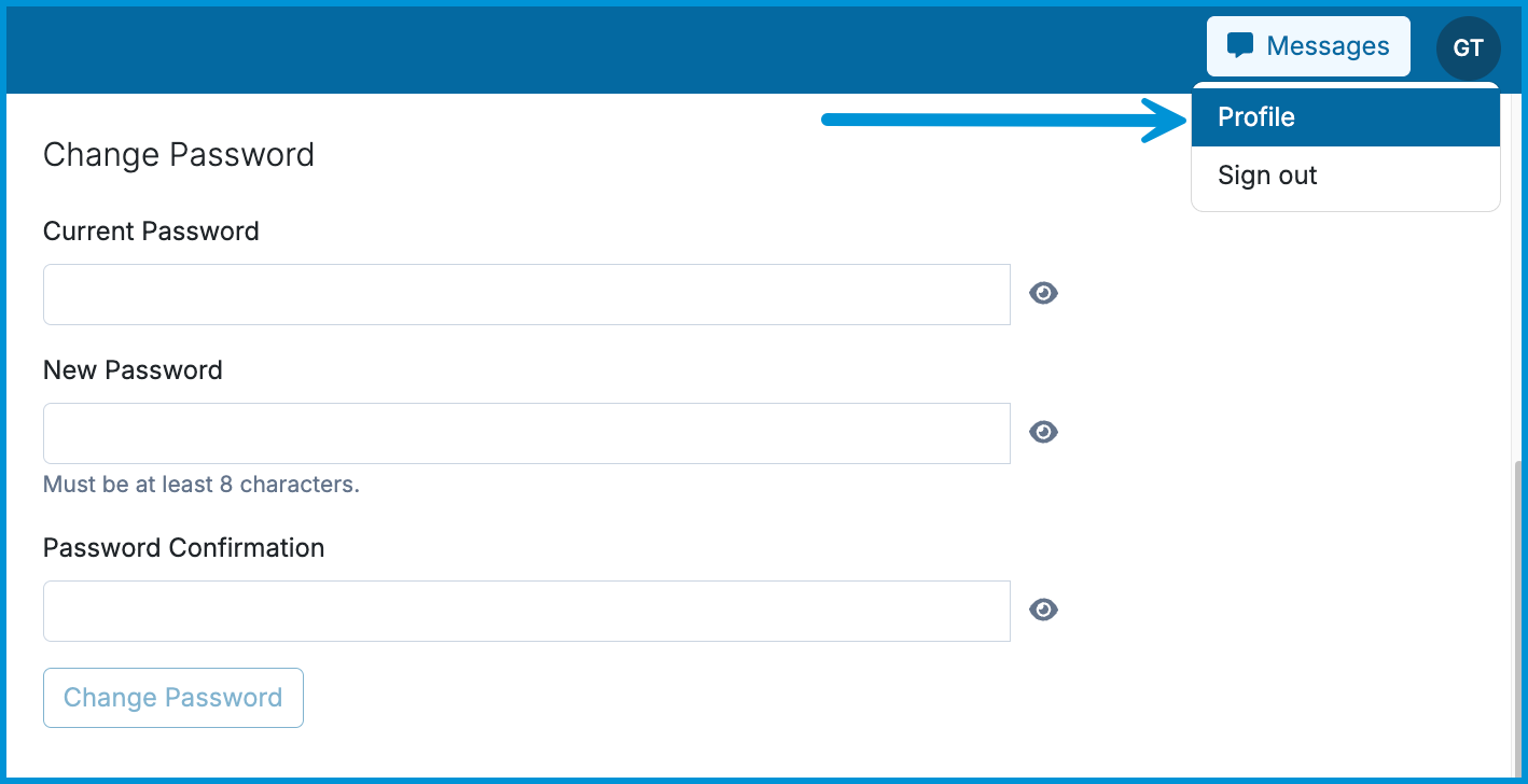 Profile dropdown open with Change Password form showing current, new, and confirmation fields in Sessions Health.
