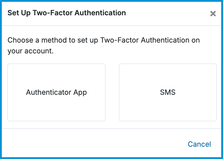 Set Up Two-Factor Authentication modal with options for Authenticator App or SMS.