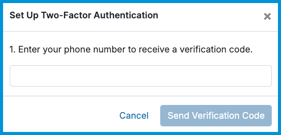 SMS setup screen prompting for phone number to receive a verification code.