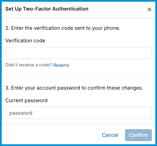 SMS verification screen with verification code field, resend link, and current password confirmation.