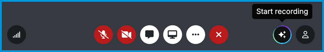 Call toolbar displayed during a telehealth session, with the “Start recording” button highlighted to show how to begin transcription.