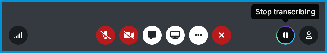 Call toolbar during an active transcription, with the transcription icon highlighted and a tooltip reading “Stop transcribing.”