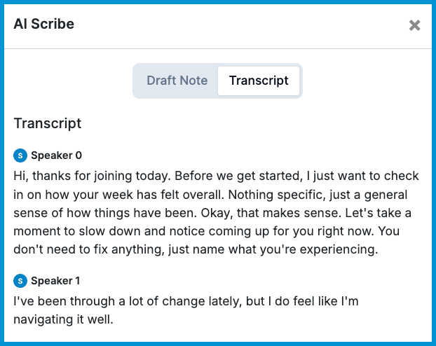 AI Scribe interface with the Transcript tab open, displaying a conversation between two speakers captured during the session.