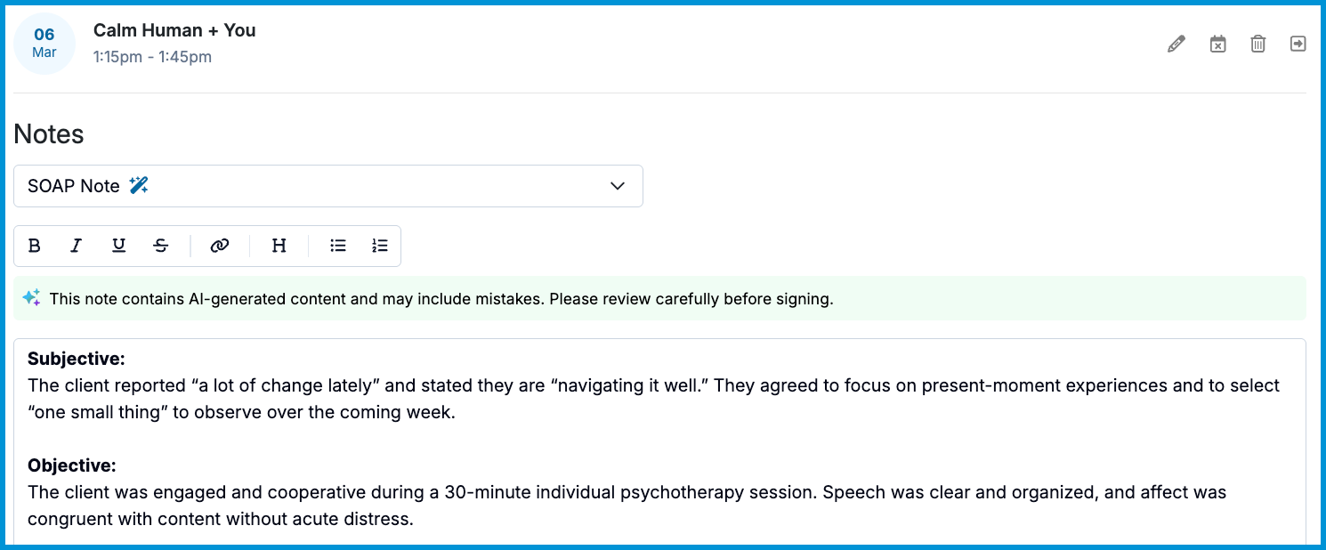 A SOAP note with an AI‑generated content warning and example Subjective and Objective sections displayed in the note editor.