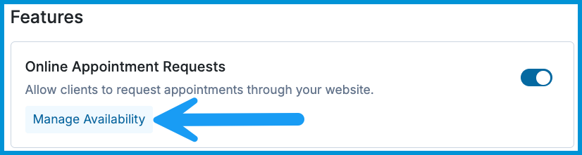 Account Settings page showing the Online Appointment Requests toggle turned on, with an arrow pointing to the Manage Availability button
