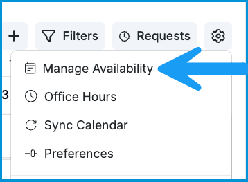 Calendar settings dropdown with an arrow pointing to the Manage Availability option.