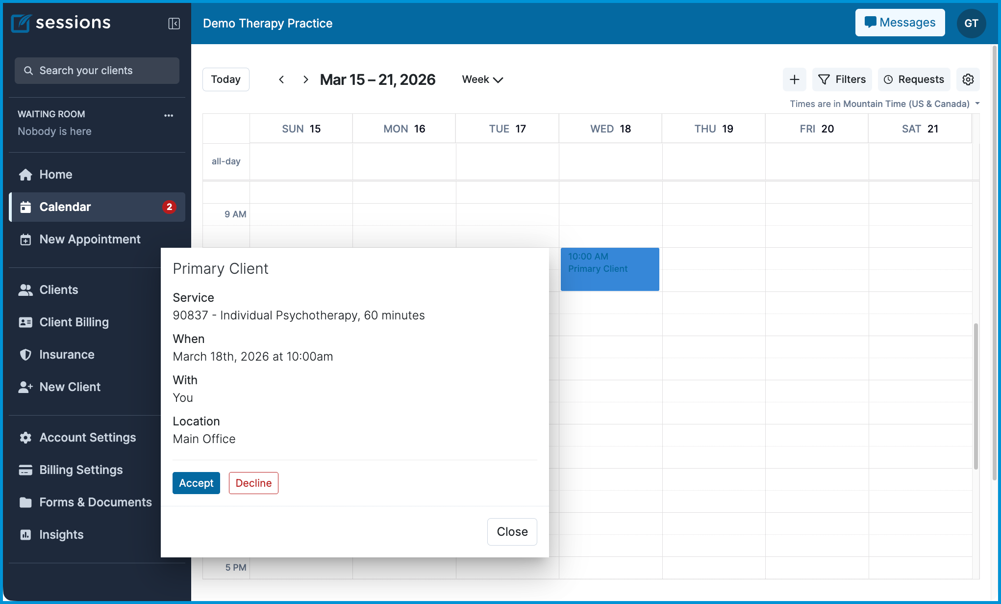 Calendar view showing an appointment request pop‑up with details and Accept and Decline buttons.
