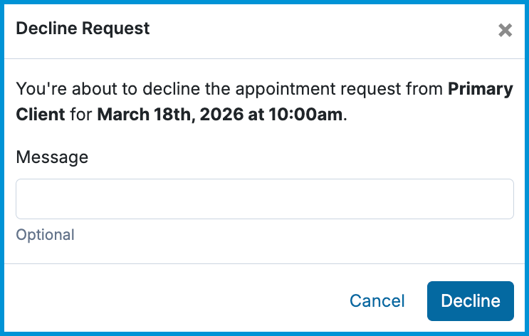 Dialog box for declining an appointment request with a message field and Cancel and Decline buttons.