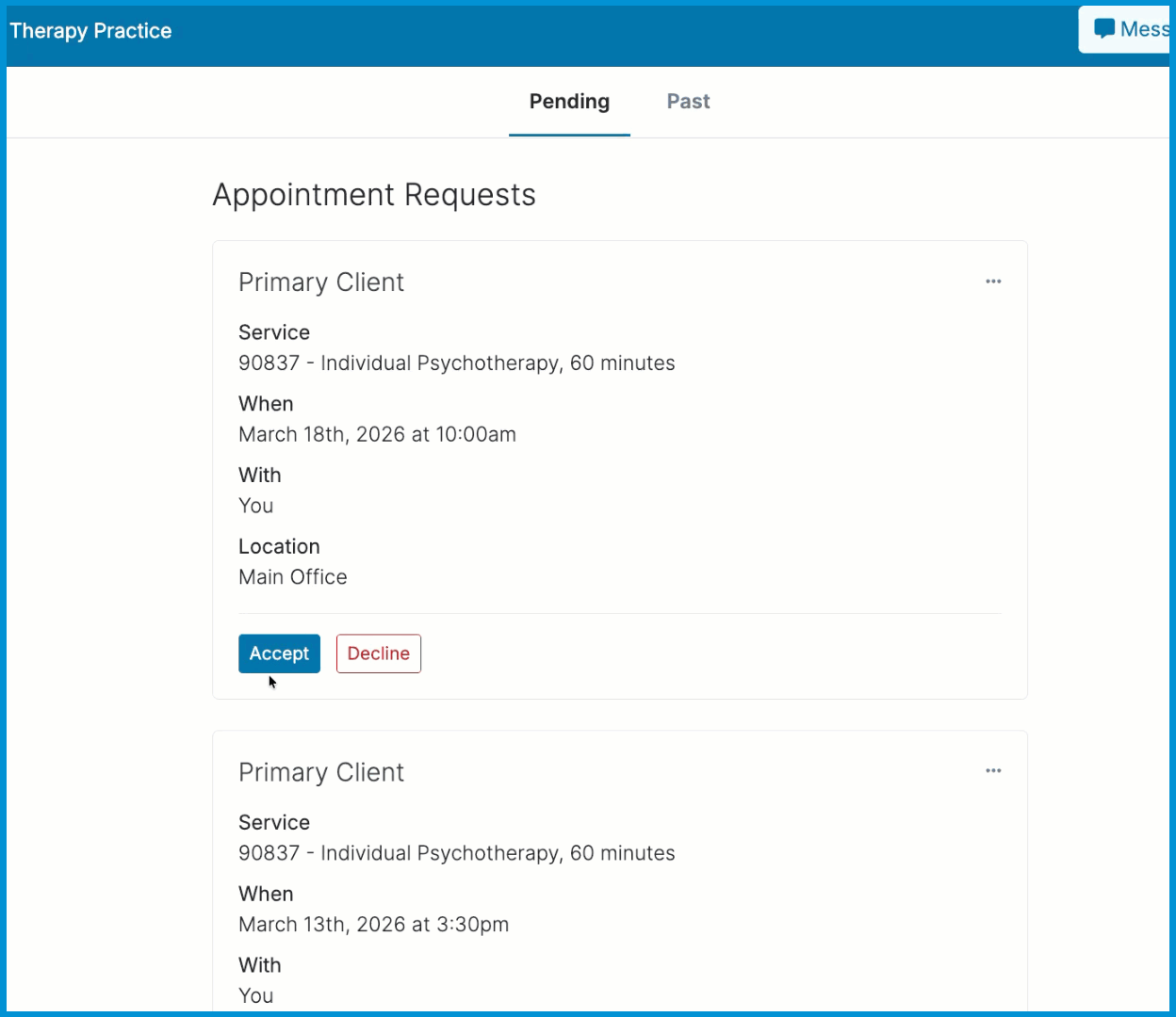 GIF showing the Pending Requests list, selecting Accept on a request, and the appointment window opening to review or adjust the appointment.