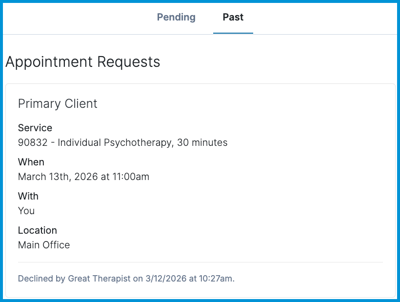 Past appointment request entry showing appointment details and a declined status message.