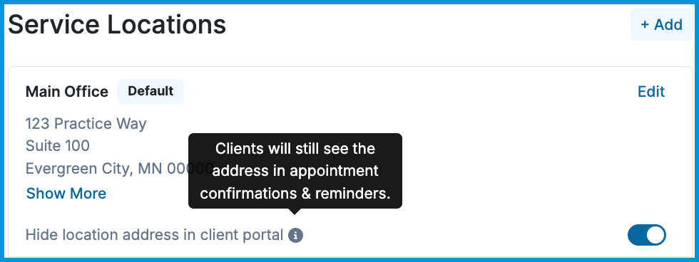Service Locations settings showing a physical office address with the “Hide location address in client portal” toggle turned on.