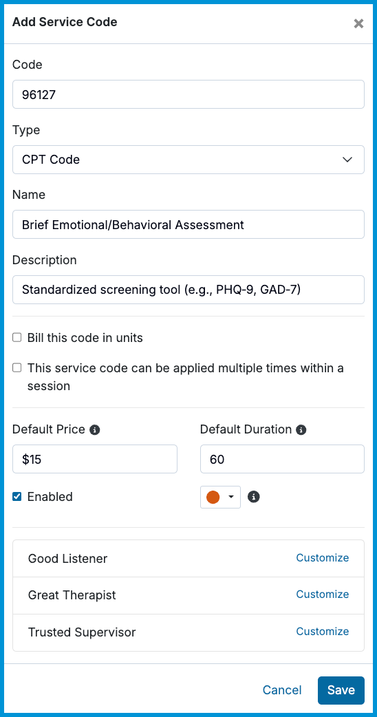 Screen for adding a new service, showing fields to enter the service name, description, pricing, duration, and optional billing settings.