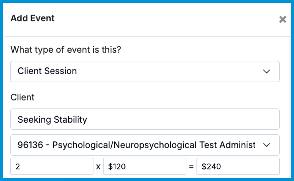 Add Event screen showing a client session with a service that uses unit‑based billing. The form displays the number of units selected and the total cost calculated automatically.