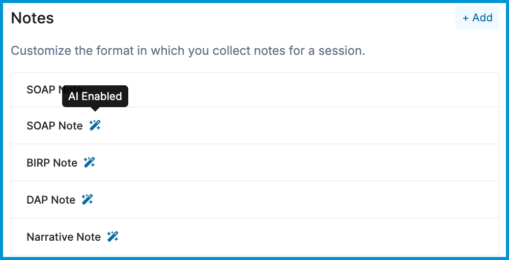 Image showing several AI Enabled session note templates. 