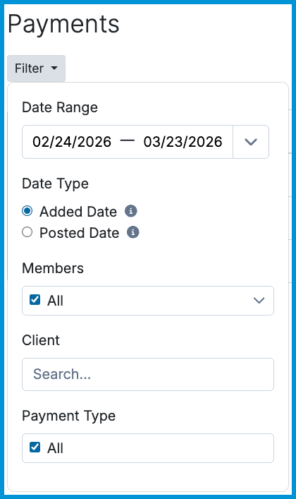 Payments filter panel with options for date range, Added Date or Posted Date, members, client search, and payment type.
