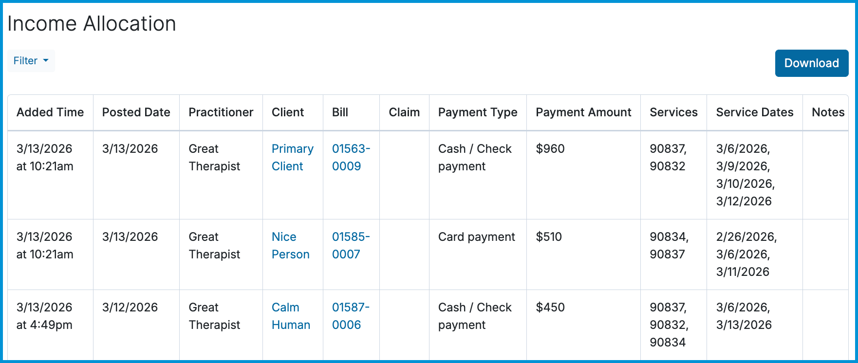 Table showing income allocation details with columns for Added Time, Posted Date, practitioner, client, bill, payment type, amount, services, and service dates.