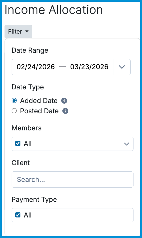 Filter panel for the Income Allocation report with options for date range, Added Date or Posted Date, members, client search, and payment type.