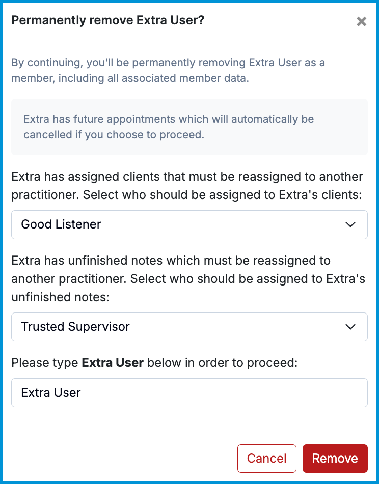 Confirmation dialog for removing a user, showing warnings and required reassignment steps.