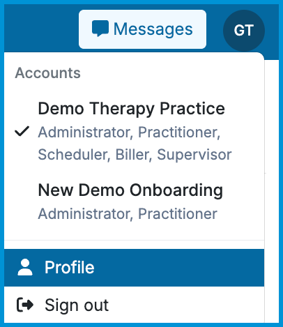 Screenshot showing how to switch practices from the user menu.