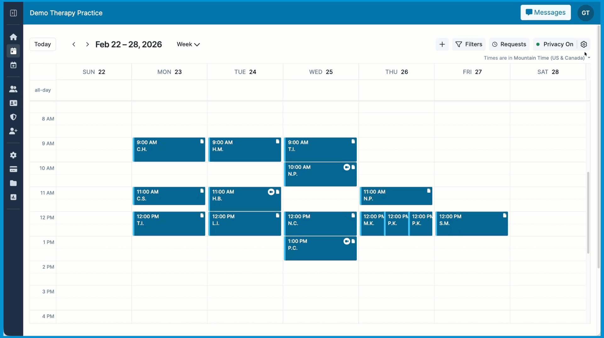 Calendar Preferences menu open, showing options to display First initial only, Client ID, or First and last initials in Privacy Mode.
