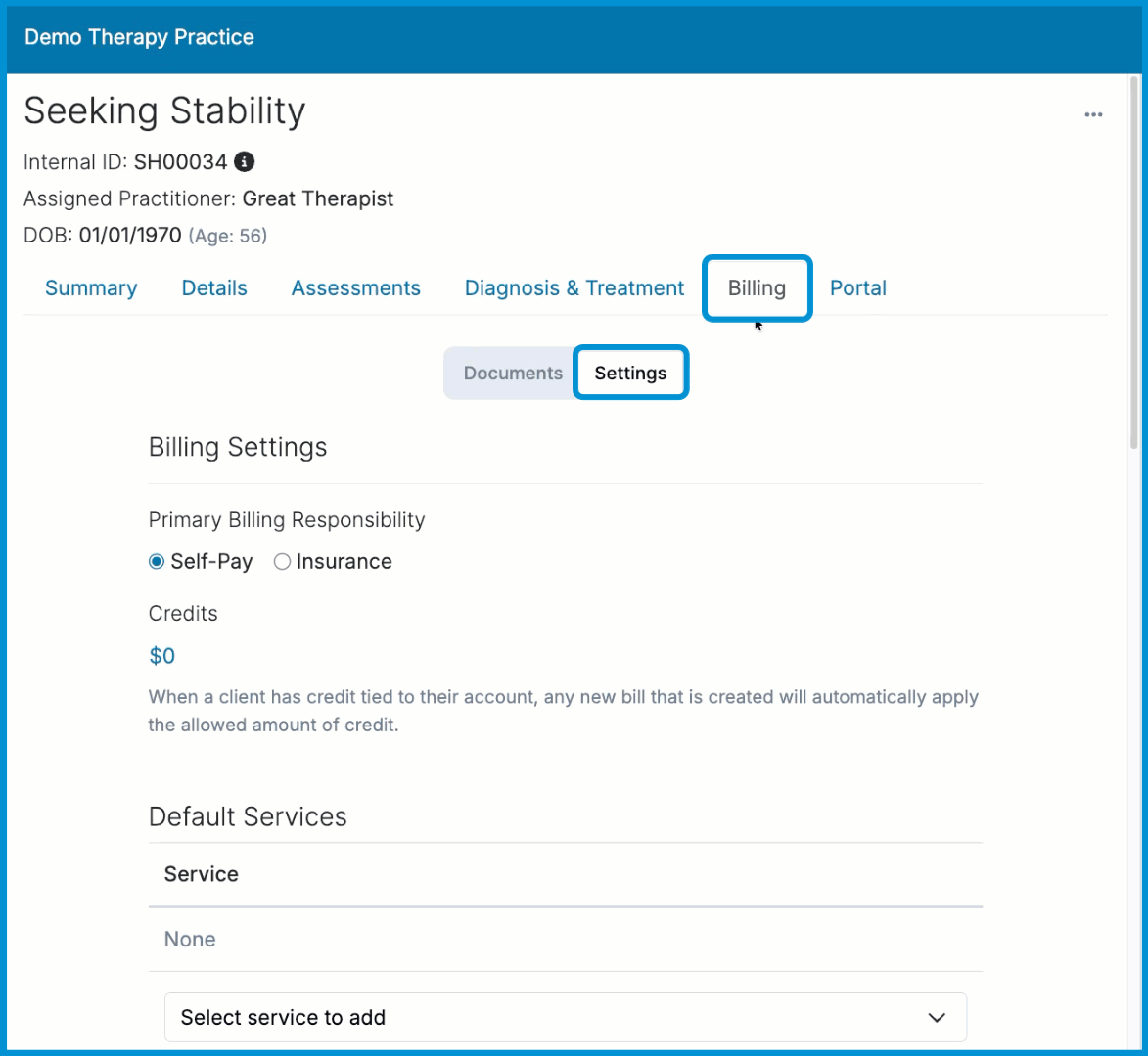 GIF showing a practitioner opening a client’s Billing Settings, scrolling to the Insurance section, selecting Add Policy, and viewing the form where they can enter required and optional insurance details.