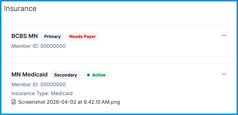 Screenshot of a client’s insurance section showing one Primary policy labeled “Needs Payer” and one Secondary policy marked active, each with a Member ID and basic plan details.