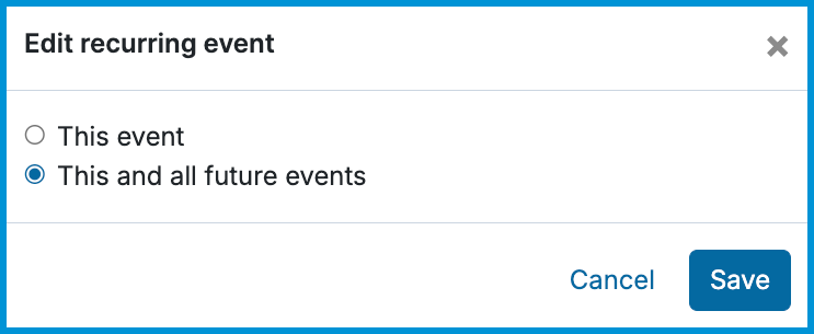 Edit recurring event window showing options to update only this event or all future events.