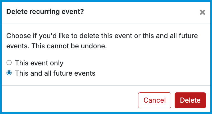 Delete recurring event window with options to remove only this event or all future events.