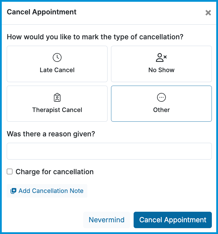 Cancel Appointment window with cancellation types, reason field, charge option, and buttons to add a note or confirm.
