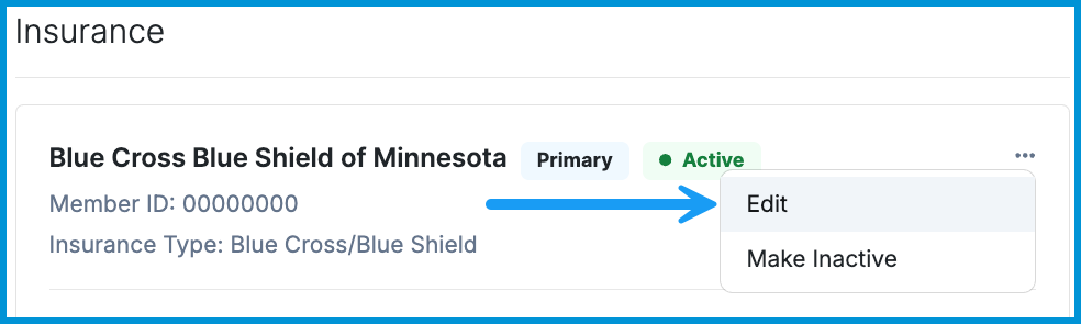Screenshot of an insurance policy showing a Primary, active plan with options to edit or make the policy inactive.