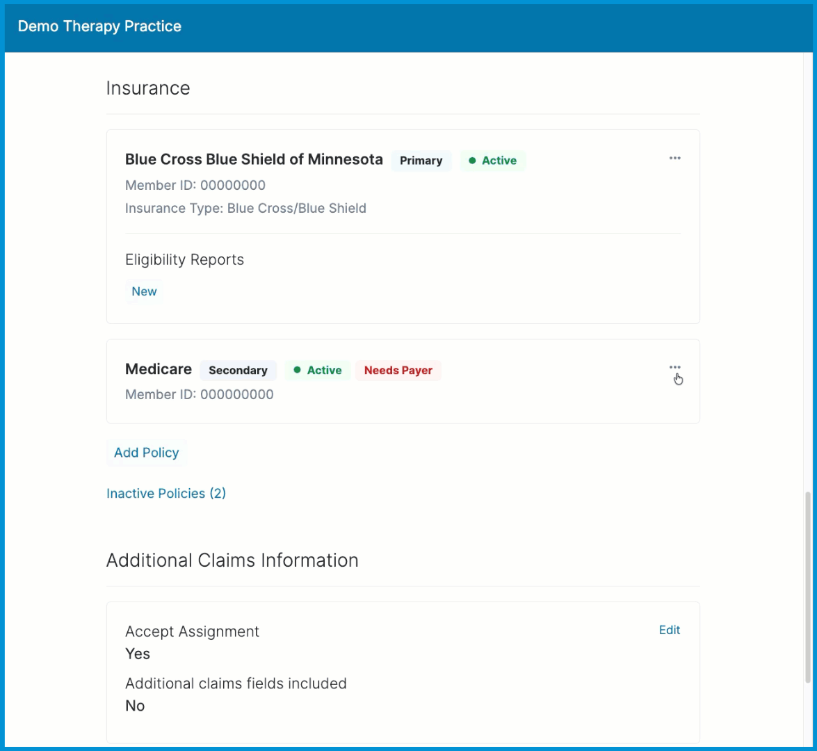    GIF showing a practitioner opening a client’s Billing Settings, selecting the policy marked Needs Payer, choosing Edit, selecting the correct Payer Name from the dropdown, and saving the updated policy.