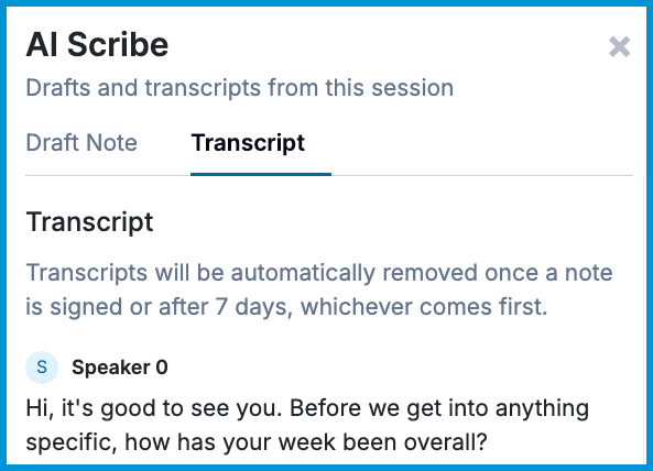 An AI Scribe panel showing a transcript tab with a note about transcript removal and a sample speaker line from the session.