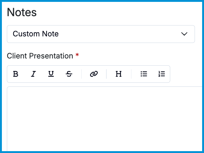 Notes section showing a Custom Note selected. 