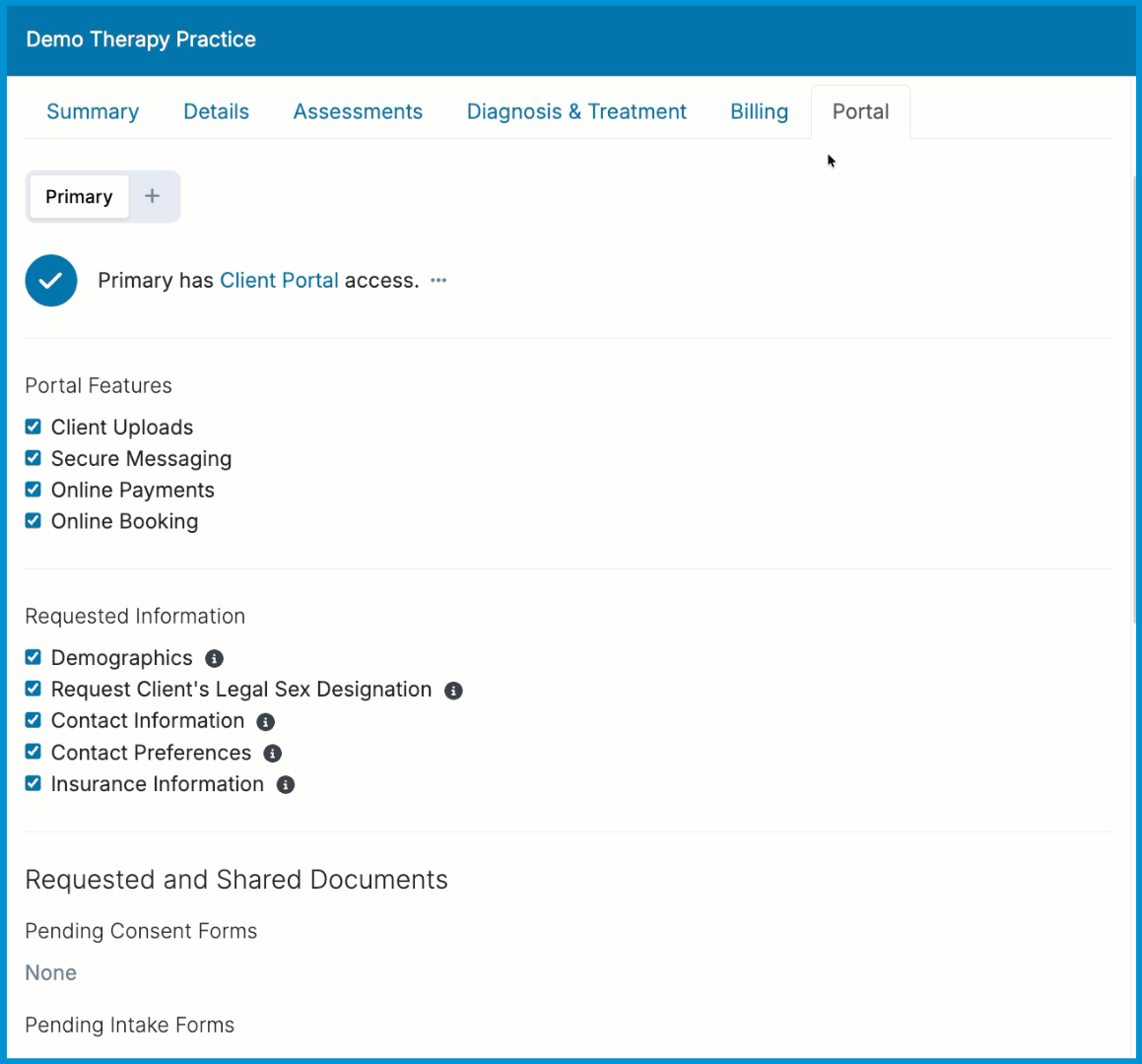 Animated screen recording of the 'Manage Documentation' workflow. The user checks boxes next to several intake forms, clicks 'Continue', and then clicks 'Save & Send Notification' to share them with the client.