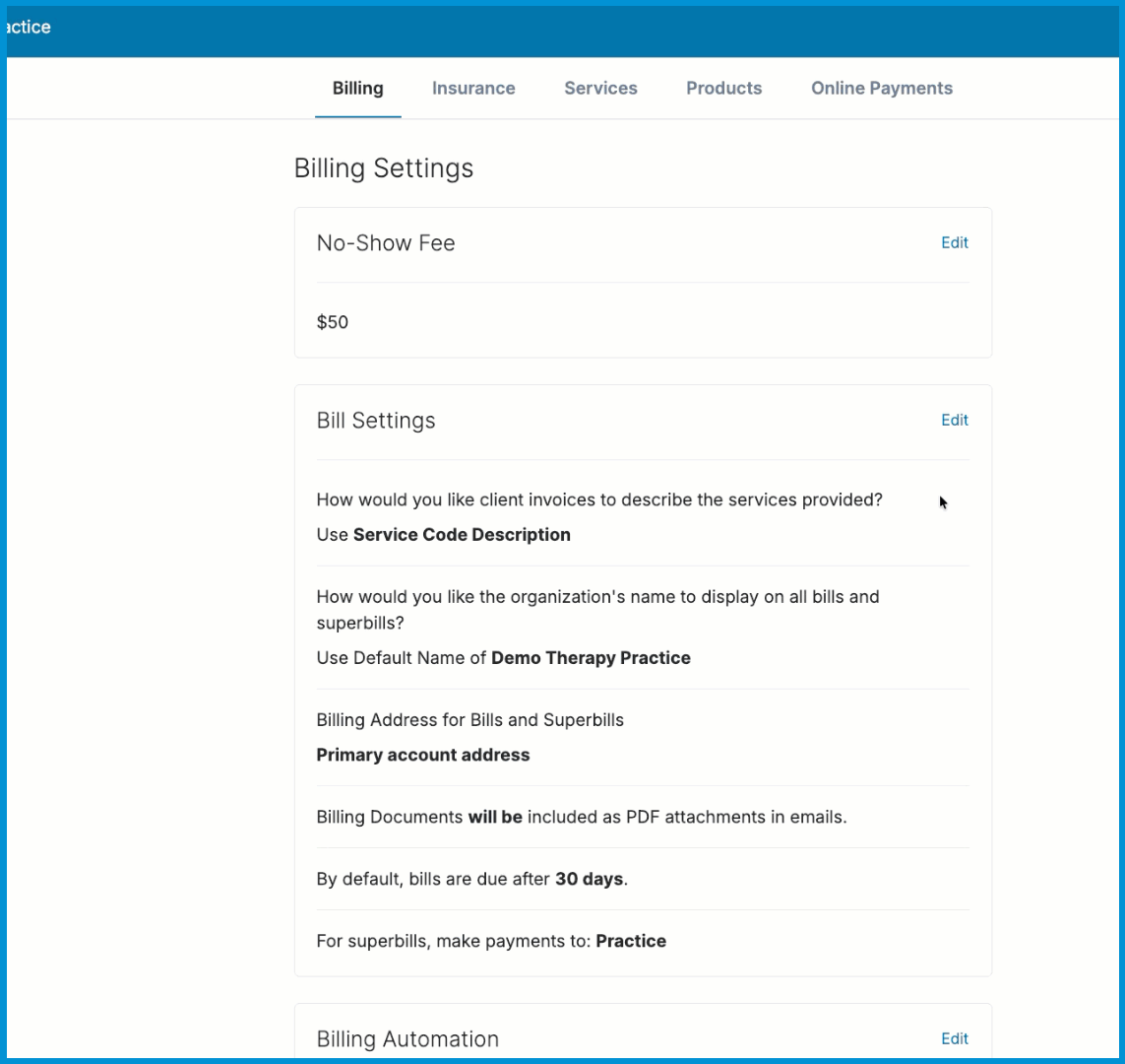 Animation demonstrating how to customize service descriptions in Bill Settings.