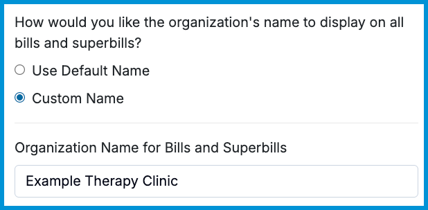 Bill Settings showing organization name options.