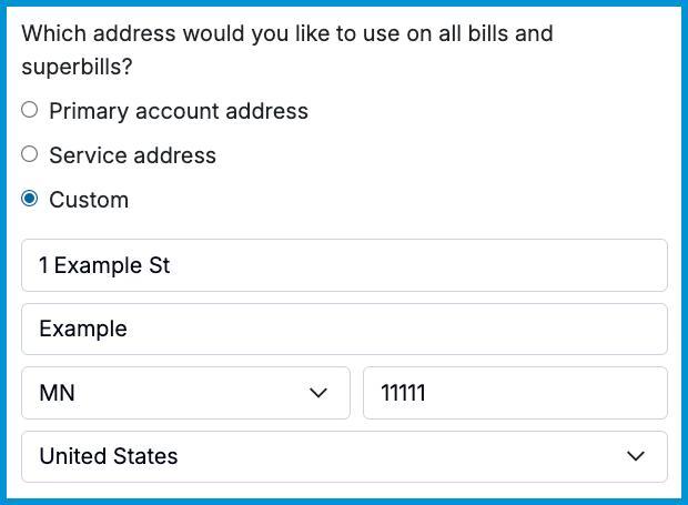 Bill Settings showing billing address options.