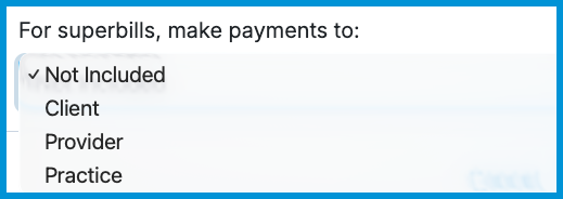 Bill Settings showing superbill payment recipient option.
