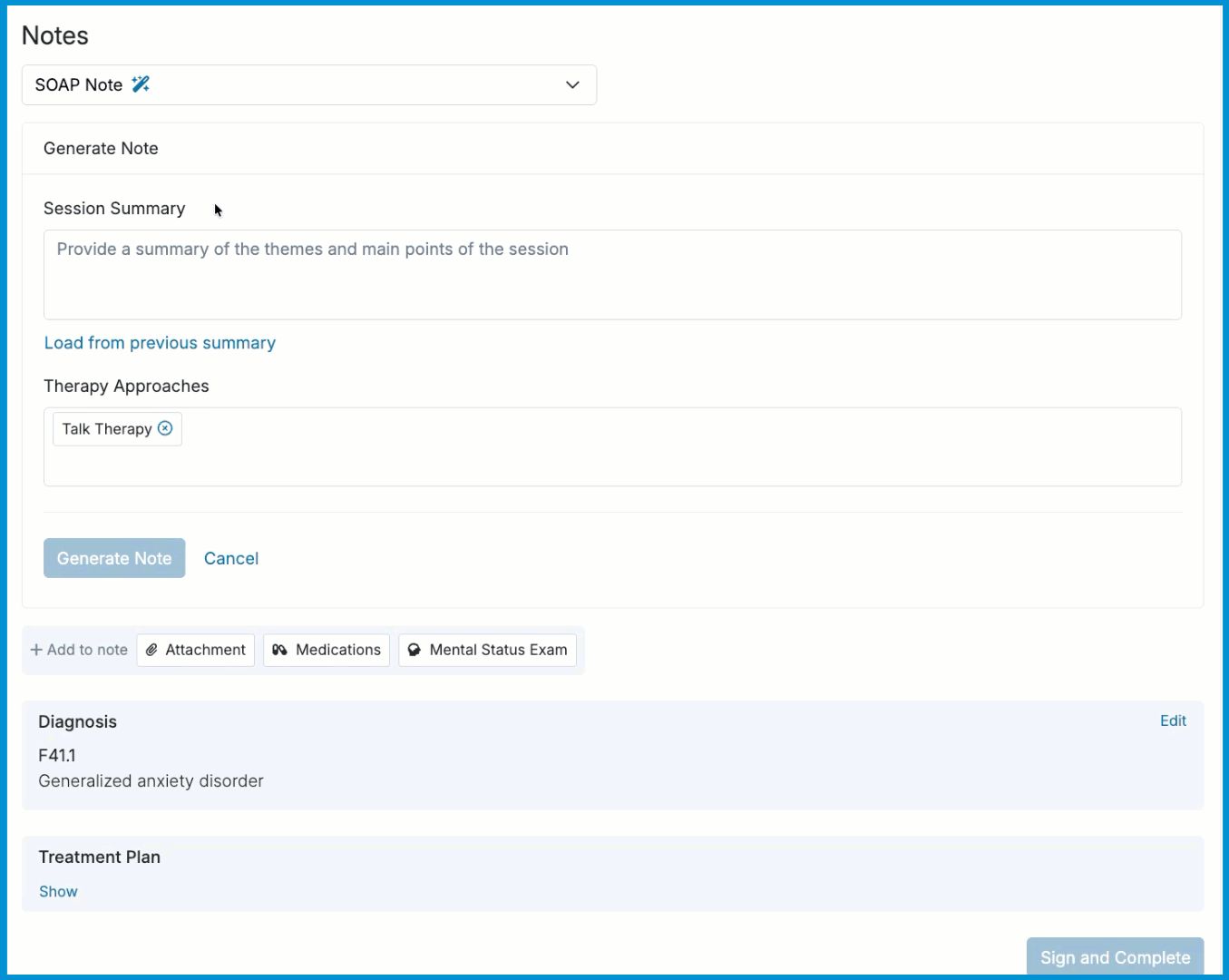 Animated GIF showing SOAP Note generated from a session summary. 