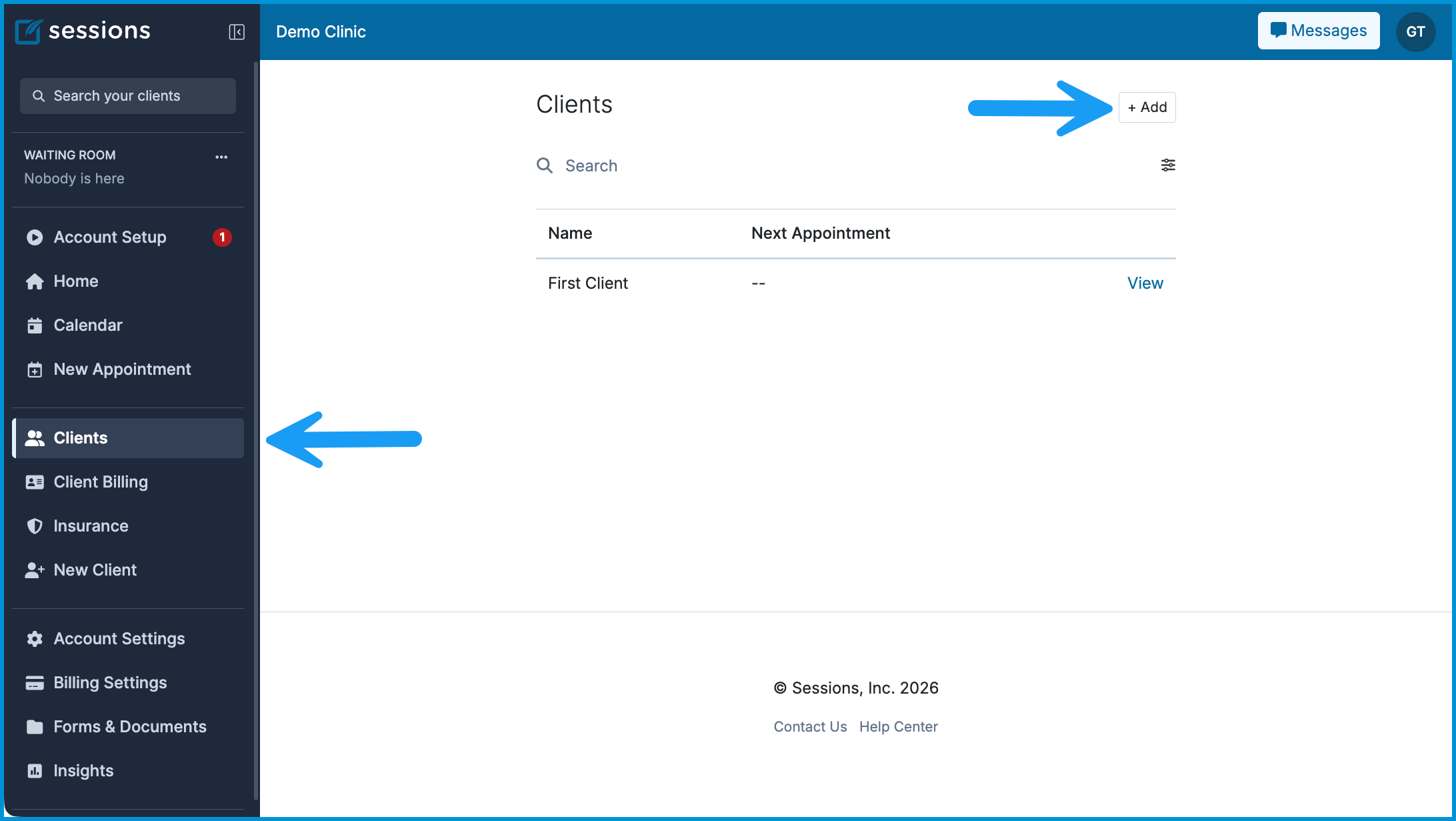 A screenshot of the Clients page with two arrows pointing to the