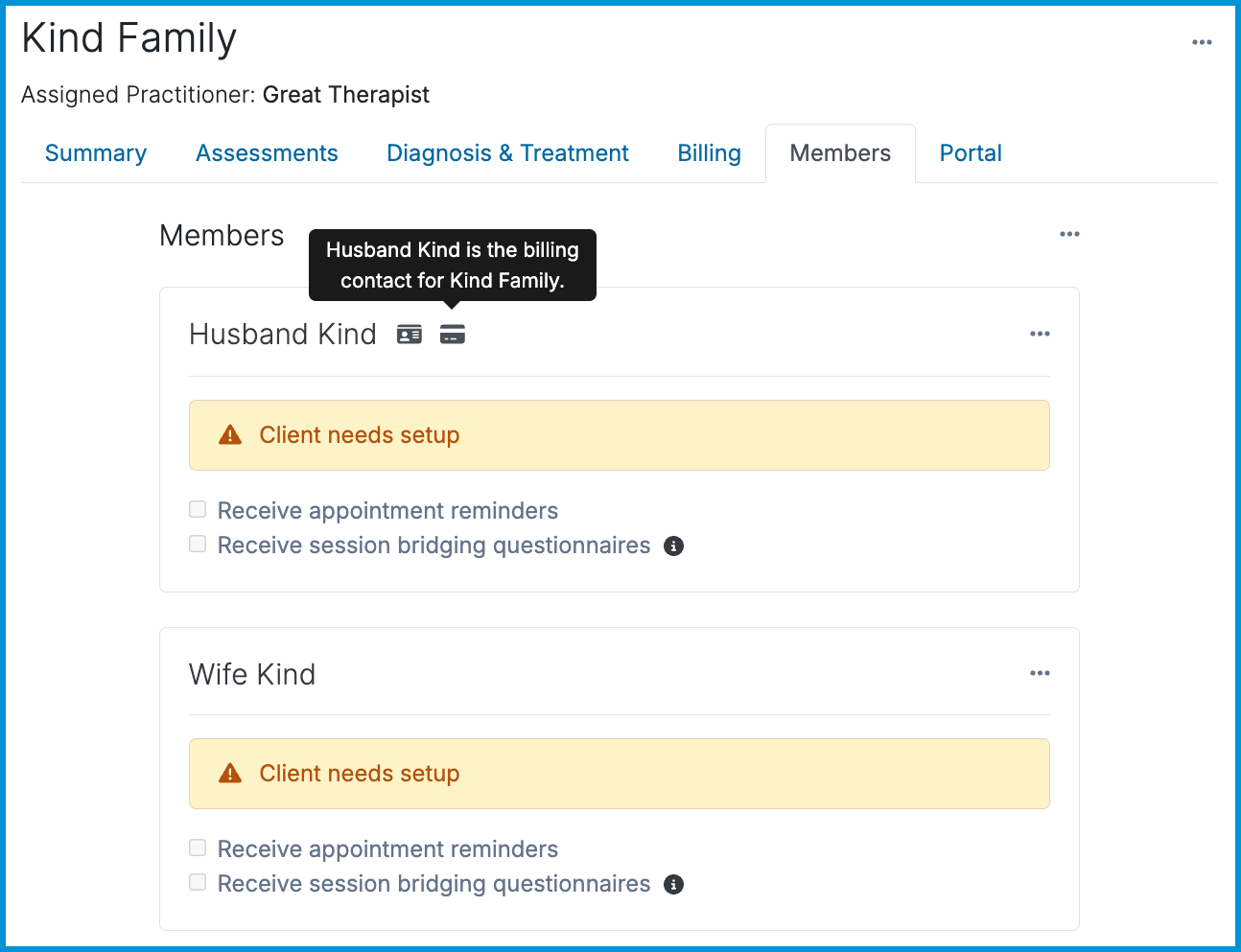 A screenshot of the Members tab in a conjoint chart, showing a list of family members with a tooltip identifying the designated billing contact.