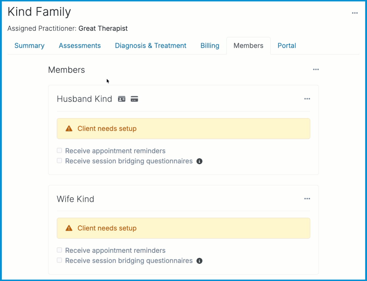 An animation showing a user clicking a member's name within a group chart to navigate to their individual client record for editing.