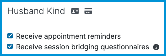 A close-up screenshot of a member's settings showing enabled checkboxes for appointment reminders and session bridging questionnaires.