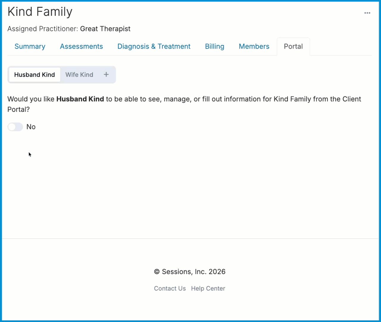 An animation showing the Portal tab in a family chart, where a user can toggle portal access on or off for individual family members.
