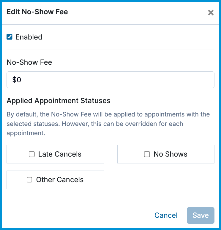 Edit No Show Fee popup with amount, status options, and Save and Cancel buttons.