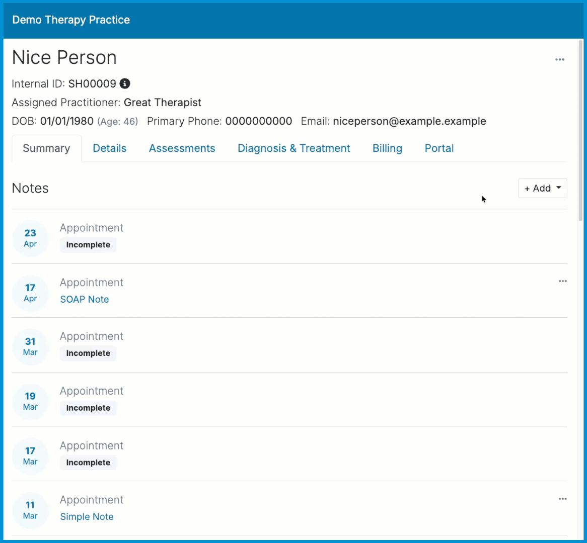 “Animated GIF showing how to open the Add Administrative Note modal from the client’s Summary tab..