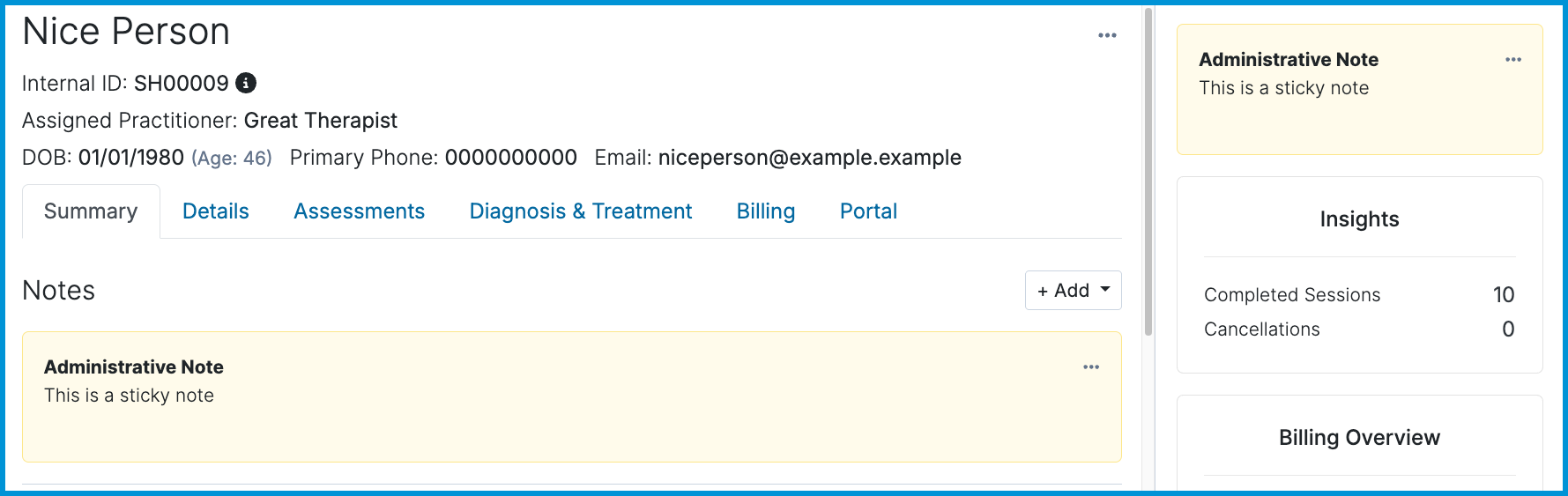 Sticky Administrative Note shown at the top of the client’s chart and in the right panel.