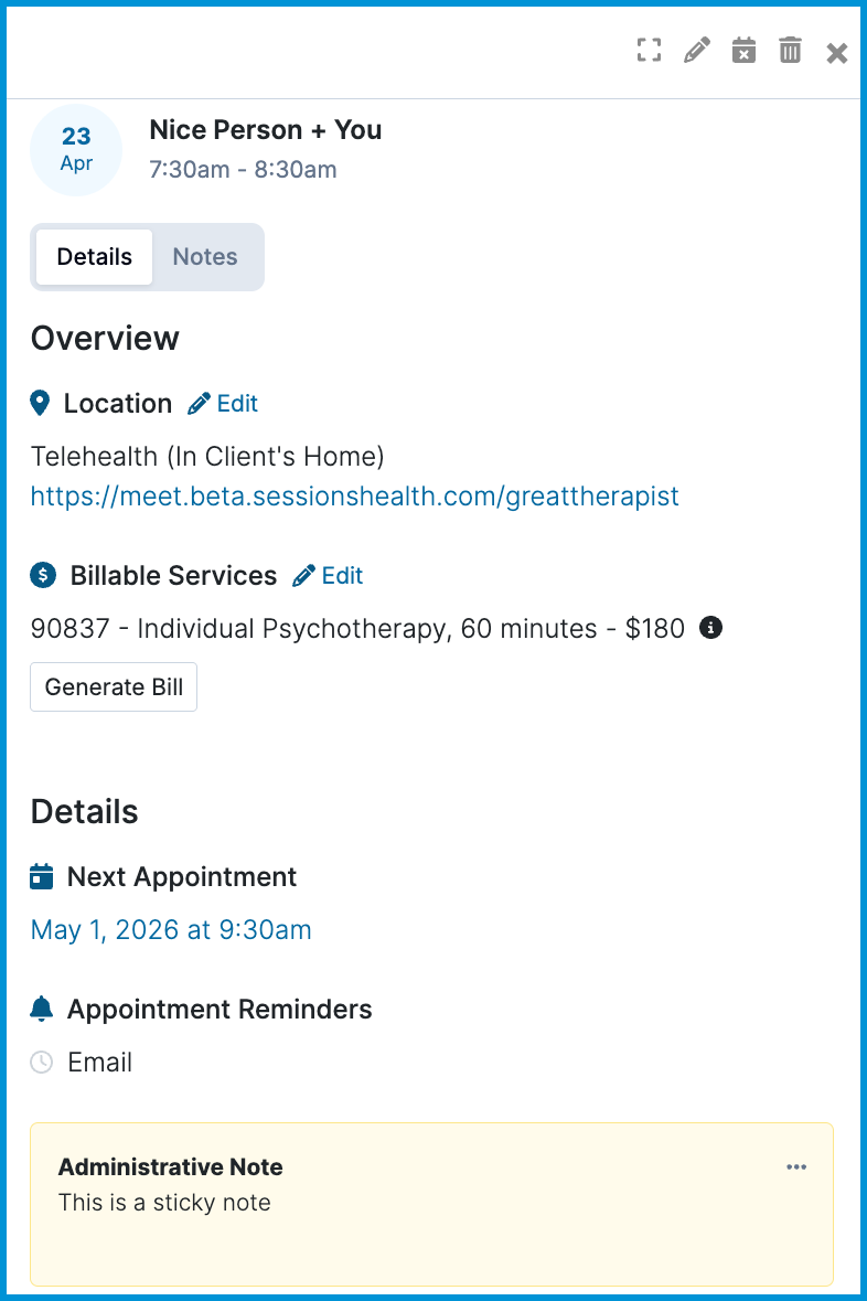 “Sticky Administrative Note displayed at the bottom of an appointment summary.